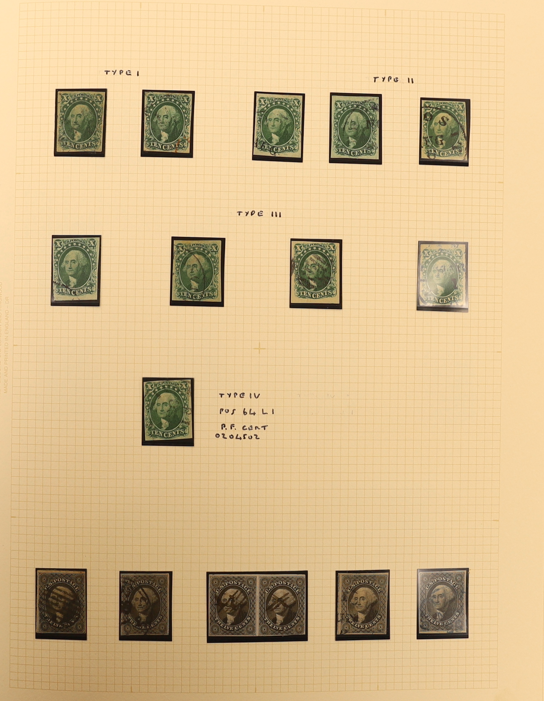 A collection of early United States of America stamps in a Philatelic album including 1845 New York Provisional 5c., 1847-50 5c. (4, one on cover, one single with blue “10” cancel and with RPS Certificate 1956) and 10c.